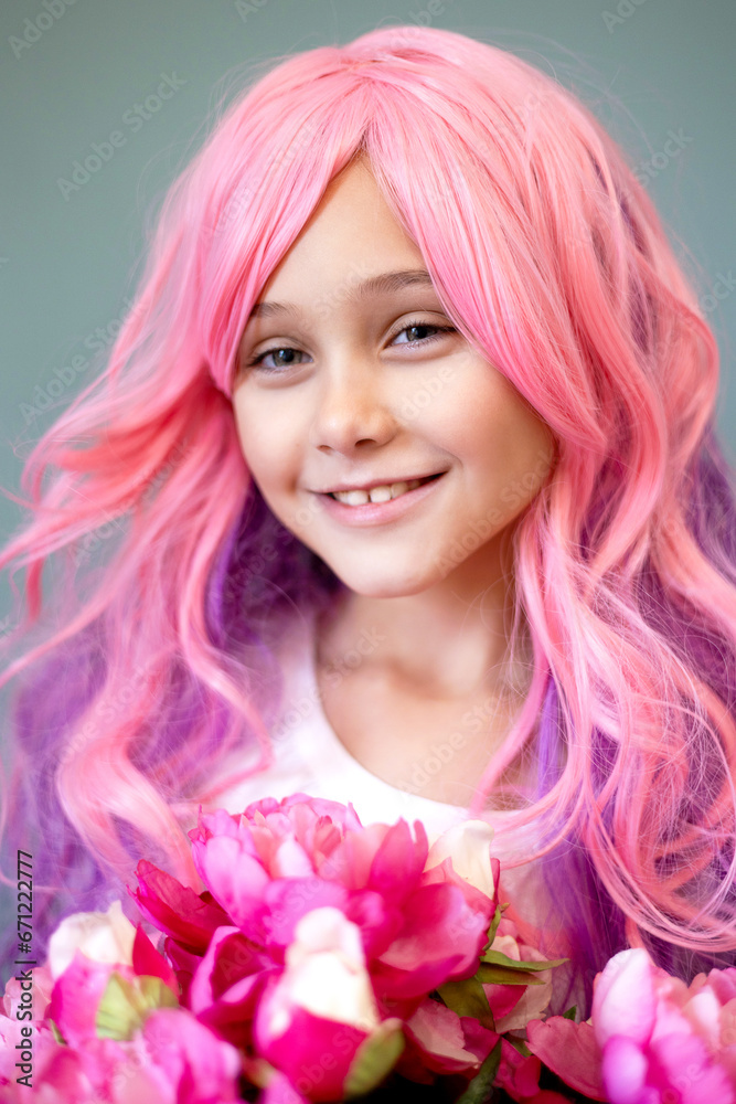 Fototapeta premium Vanilla Girl. Kawaii vibes. Barbie style. Candy colors design. little girl with pink hair and flowers smile and has a fun