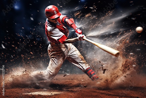 Baseball player hitting a ball.