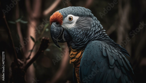 Vibrant macaw perching on branch, its beak and feather colorful generated by AI