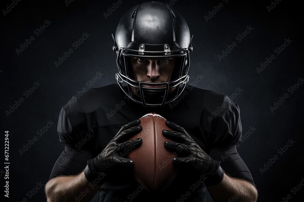 Caucasian american football player holding ball.