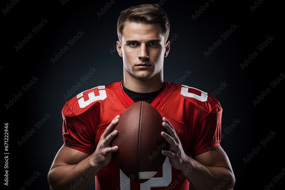 Caucasian american football player holding ball. Caucasian american football player holding ball.