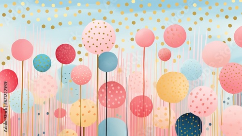 Pois multicolores et dorés, terrazzo, doodle, tampons et superpositions numériques florales, rayé, palette de couleurs audacieuses, emblématique, géométrique. IA générative, IA