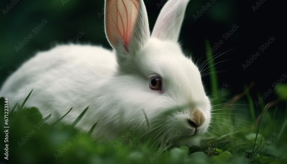 Obraz premium Cute baby rabbit sitting in green meadow, looking fluffy and soft generated by AI