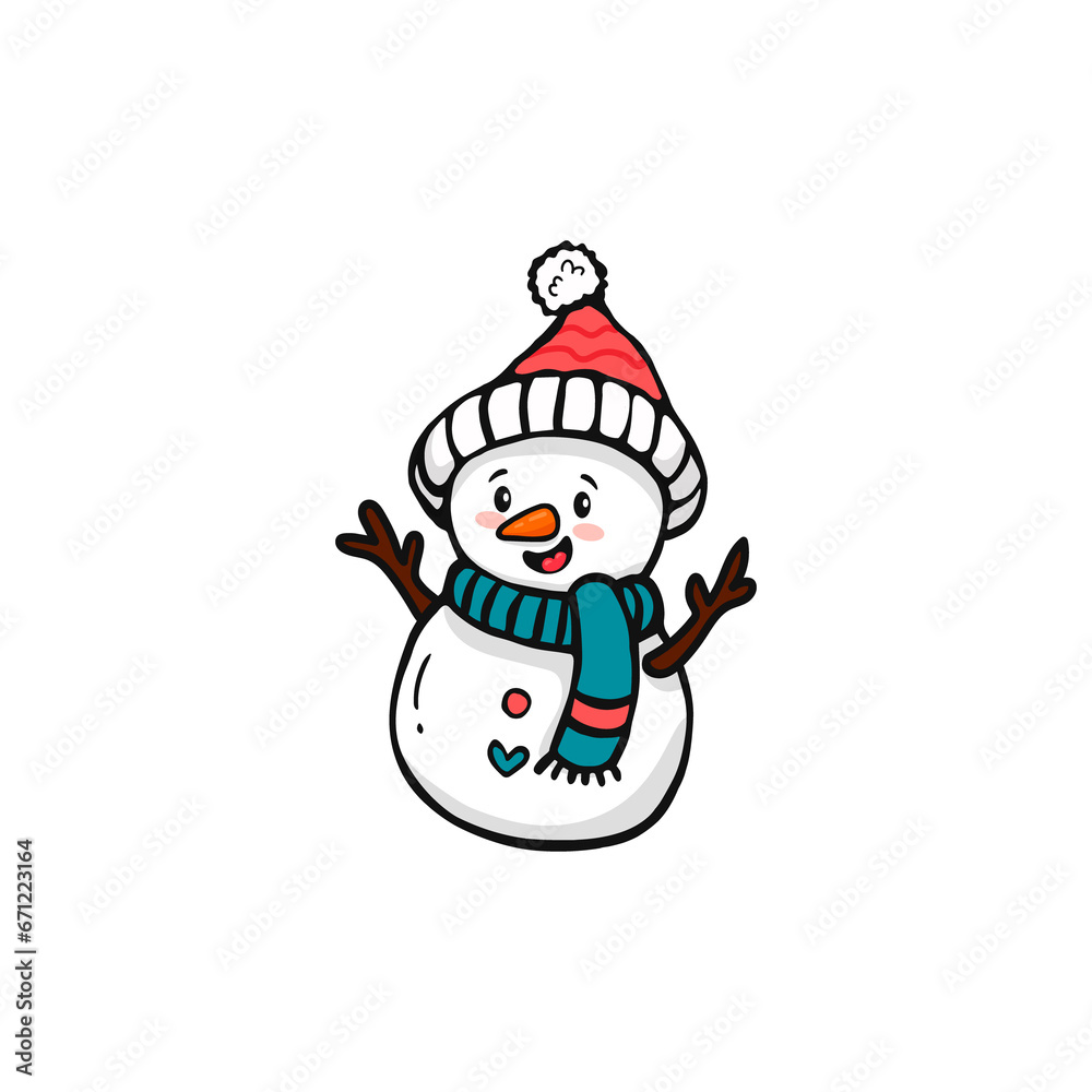 cute cartoon snowman with a scarf. Doodle style. Christmas card with snowman. 