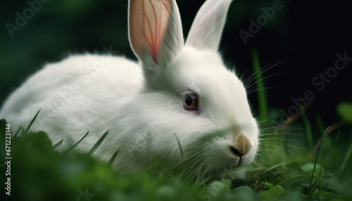 Cute baby rabbit sitting in green meadow, looking fluffy and soft generated by AI