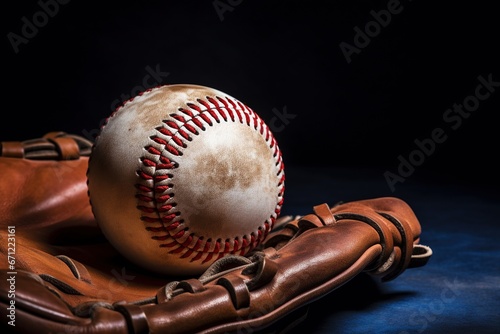 Baseball ball and glove on dark background.