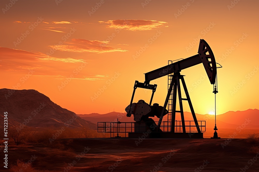 Crude oil pumpjack rig at sunset.