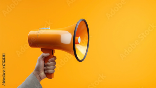 Hand holds megaphone on yellow background with copy space. Banner with loudspeaker for advertising ads