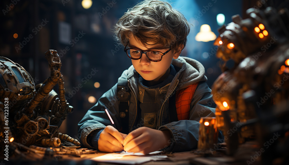 Smiling boys sitting, learning, crafting in illuminated workshop generated by AI