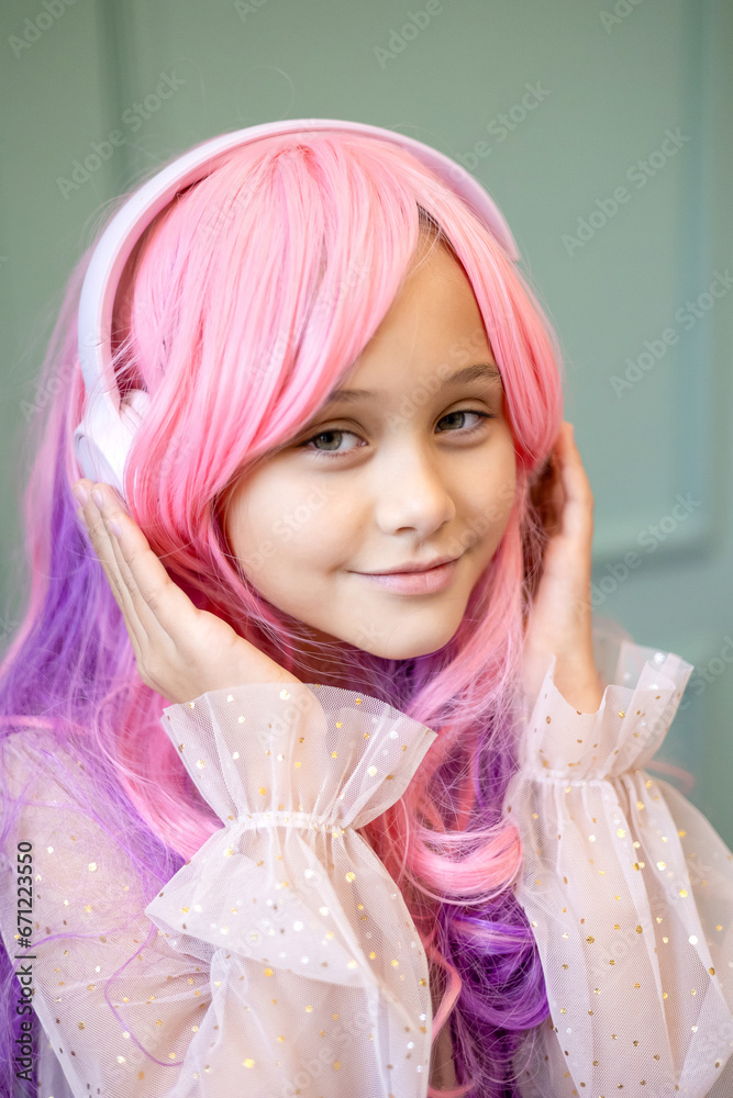 Vanilla Girl. Kawaii vibes. Little girl with pink hair have party in barbie style. Listening music with headphones Vanilla Girl. Kawaii vibes. Little girl with pink hair have party in barbie style. Listening music with headphones