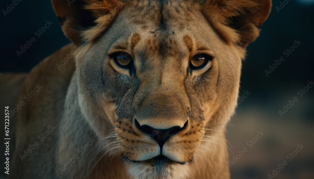 Majestic lioness staring, alert in the wilderness of Africa savannah generated by AI Majestic lioness staring, alert in the wilderness of Africa savannah generated by AI