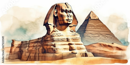 Watercolor drawing of the Sphinx of Egypt. Generative AI.