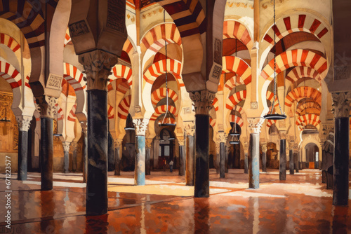 Watercolor drawing of the Cordoba mosque. Generative AI. photo