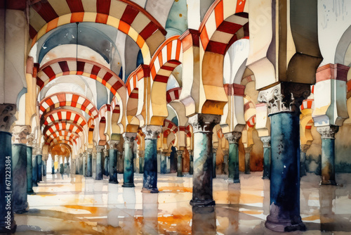 Watercolor drawing of the Cordoba mosque. Generative AI. photo
