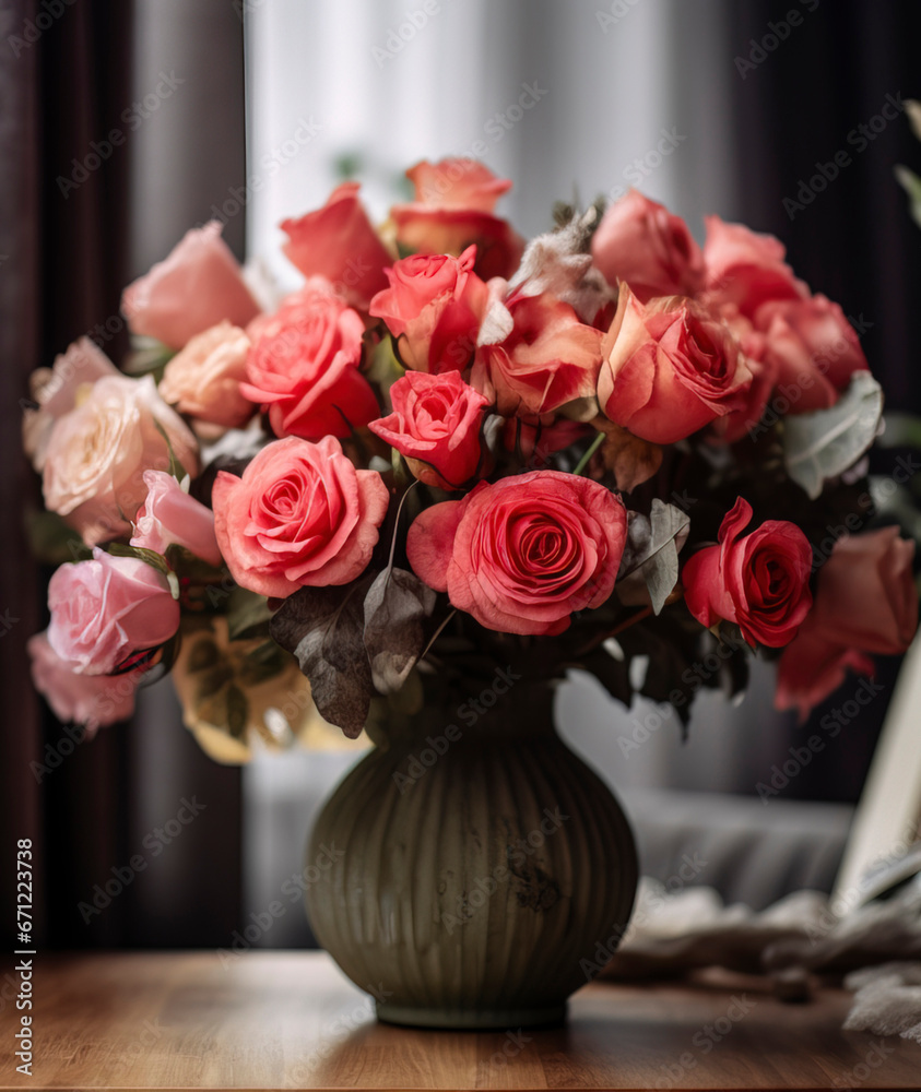 Obraz premium A beautiful bouquet of roses in a festive interior. Generation AI
