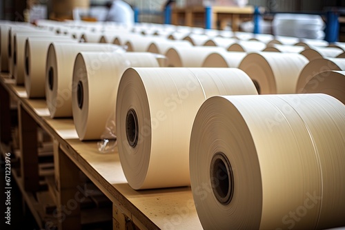 Lengthy rolls of laminated paper on spools.