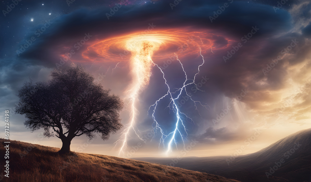 Storm, psychedelic tornado and lightning in the sky, tree in the landscape, Concept on the theme of weather, natural disasters, storm, thunderstorms,, lightning, the environment concept, generative ai
