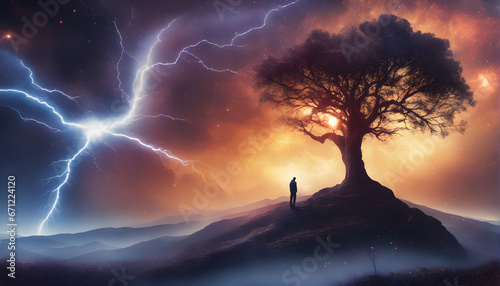 Storm, psychedelic tornado and lightning in the sky, man and tree in the landscape, Concept on the theme of weather, natural disasters, storm, thunderstorms,, lightning, generative ai