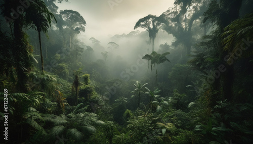 A mysterious adventure through the spooky tropical rainforest awaits generated by AI photo