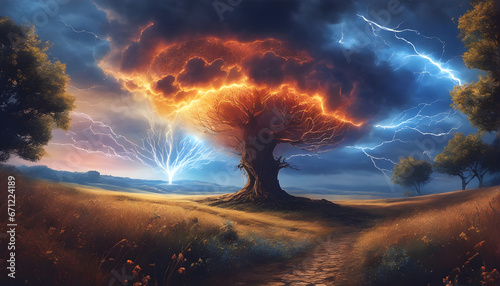 Storm, psychedelic tornado and lightning in the sky, tree in the landscape  photo