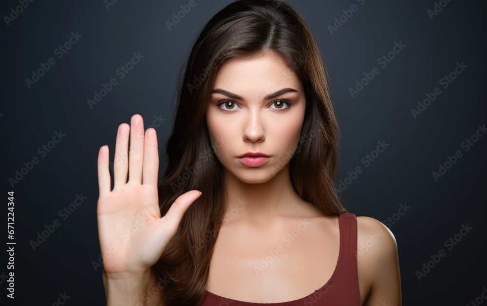 A beautiful serious woman saying stop, showing her palm to the camera A beautiful serious woman saying stop, showing her palm to the camera