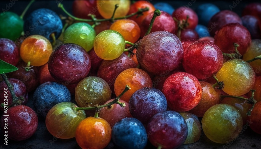 Juicy grape and tomato on dewy branch, fresh and healthy generated by AI Juicy grape and tomato on dewy branch, fresh and healthy generated by AI