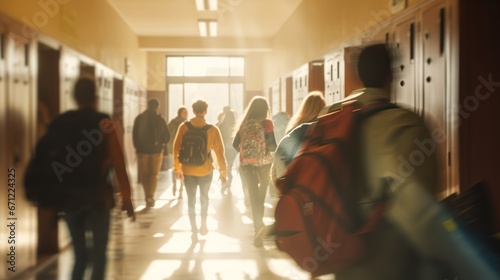 School busy hallway with students in blurred motion © RMedia