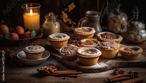 Homemade gourmet muffin and cupcake snack on rustic table generated by AI