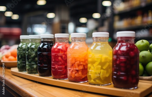 A beautiful arrangement of various fresh fruits displayed in a jar, placed on top of a rustic wooden table