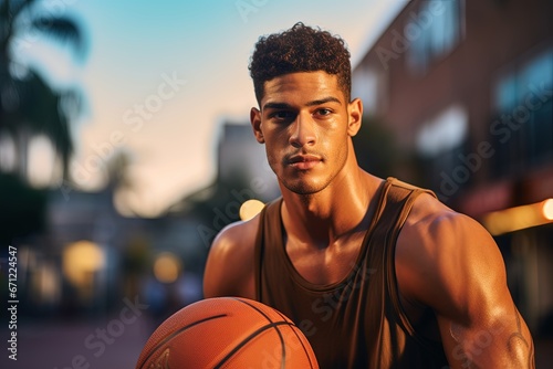 Young basketball player practicing outdoor.