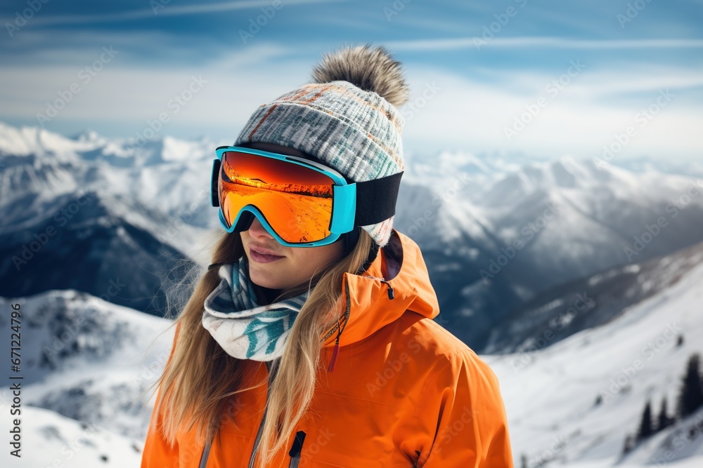 Snowboarder girl in helmet and goggles.