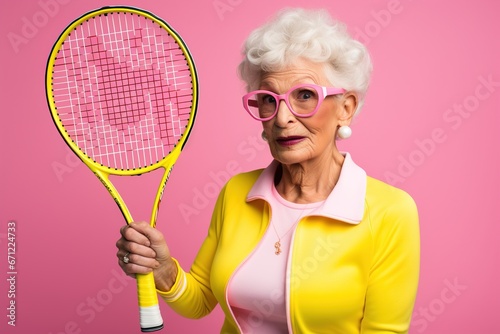 Senior woman holds a tennis racket.