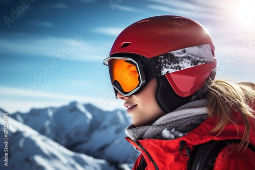 Snowboarder girl in helmet and goggles. © Bargais