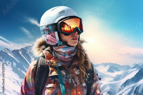 Snowboarder girl in helmet and goggles.
