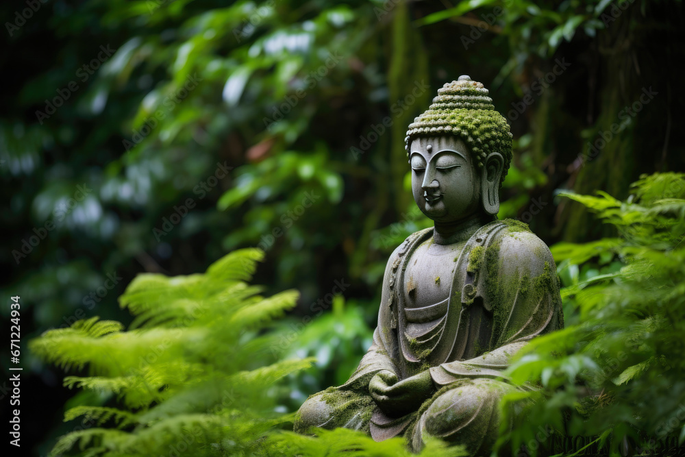 Tranquil Buddha Sculpture in a Verdant Oasis