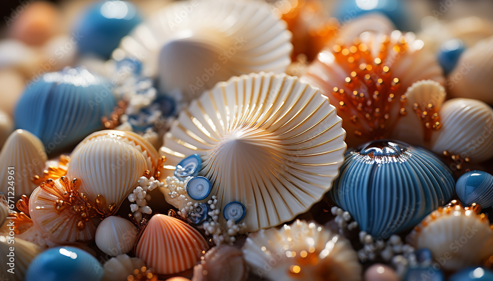Large group of seashells in a tropical underwater paradise generated by AI