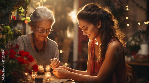 Happy grandmother with granddaughter decorating Christmas tree at home