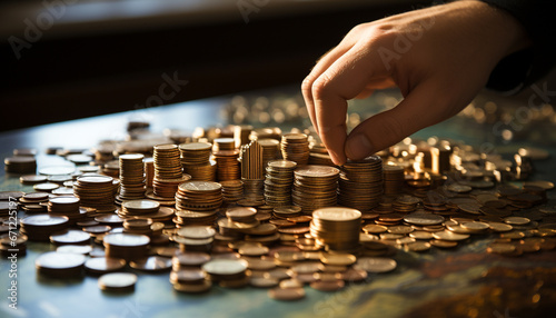 A wealthy businessman hand holds a large stack of gold coins generated by AI