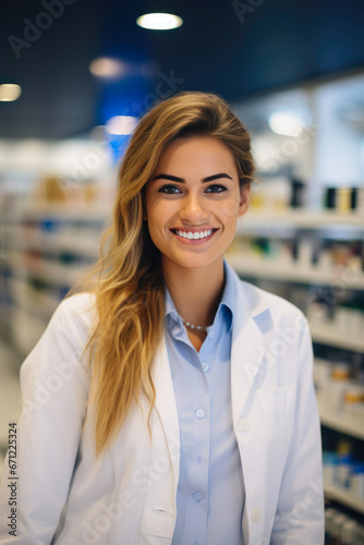Happy Female Pharmacist with Pharmacy Background