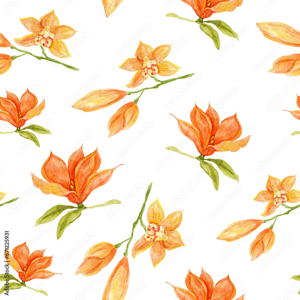 Watercolor seamless pattern with tropical orange magnolia and orchid flowers on a white background. Print for fabric spring yellow flowers