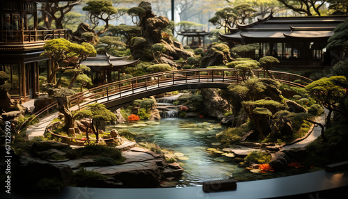 Tranquil scene  ancient bridge reflects beauty of nature green architecture generated by AI