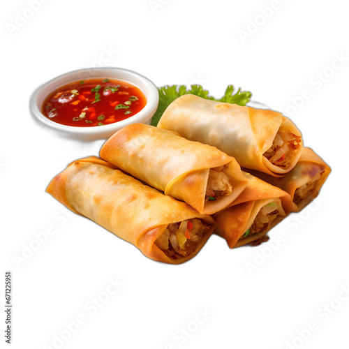 Fried rice with egg rolls isolated on transparent or white background, png