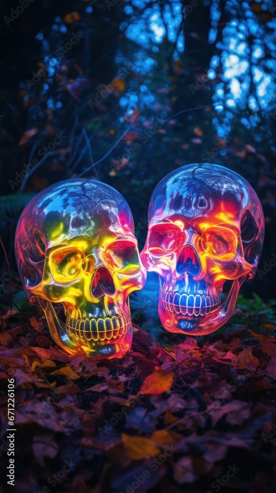 Holographic translucent skulls in the forest
