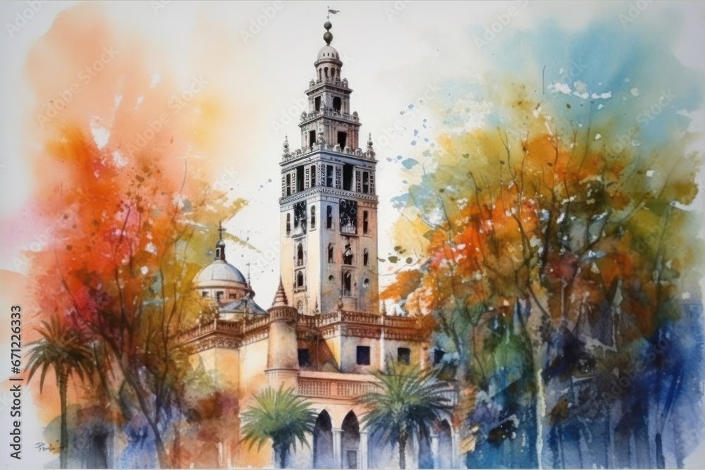 Watercolor drawing of the Giralda of Seville. Generative AI. - obrazy, fototapety, plakaty 