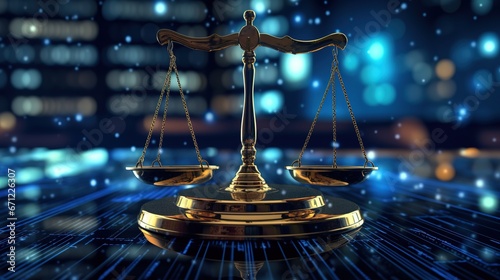 Law scales on background of data center. Digital law concept of duality of Judiciary, Jurisprudence and Justice and data in the modern world. Copy space