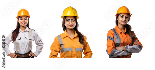Indian team engineer in helmet and orange vest, smiling, isolated on white transparent background.