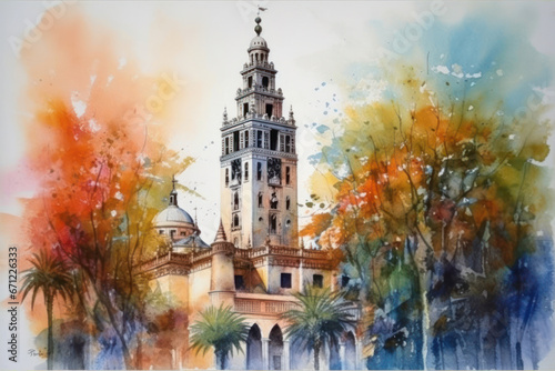 Watercolor drawing of the Giralda of Seville. Generative AI. photo