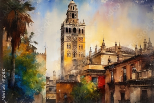 Watercolor drawing of the Giralda of Seville. Generative AI. photo