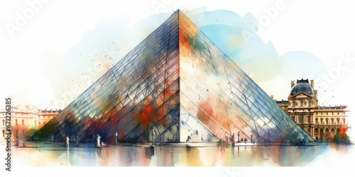 Fototapeta Watercolor drawing of the glass pyramid of the Louvre museum