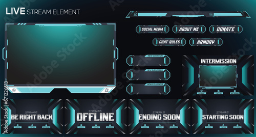 Live Gaming twitch stream light blue neon set of overlay, facecam, panel and background element design